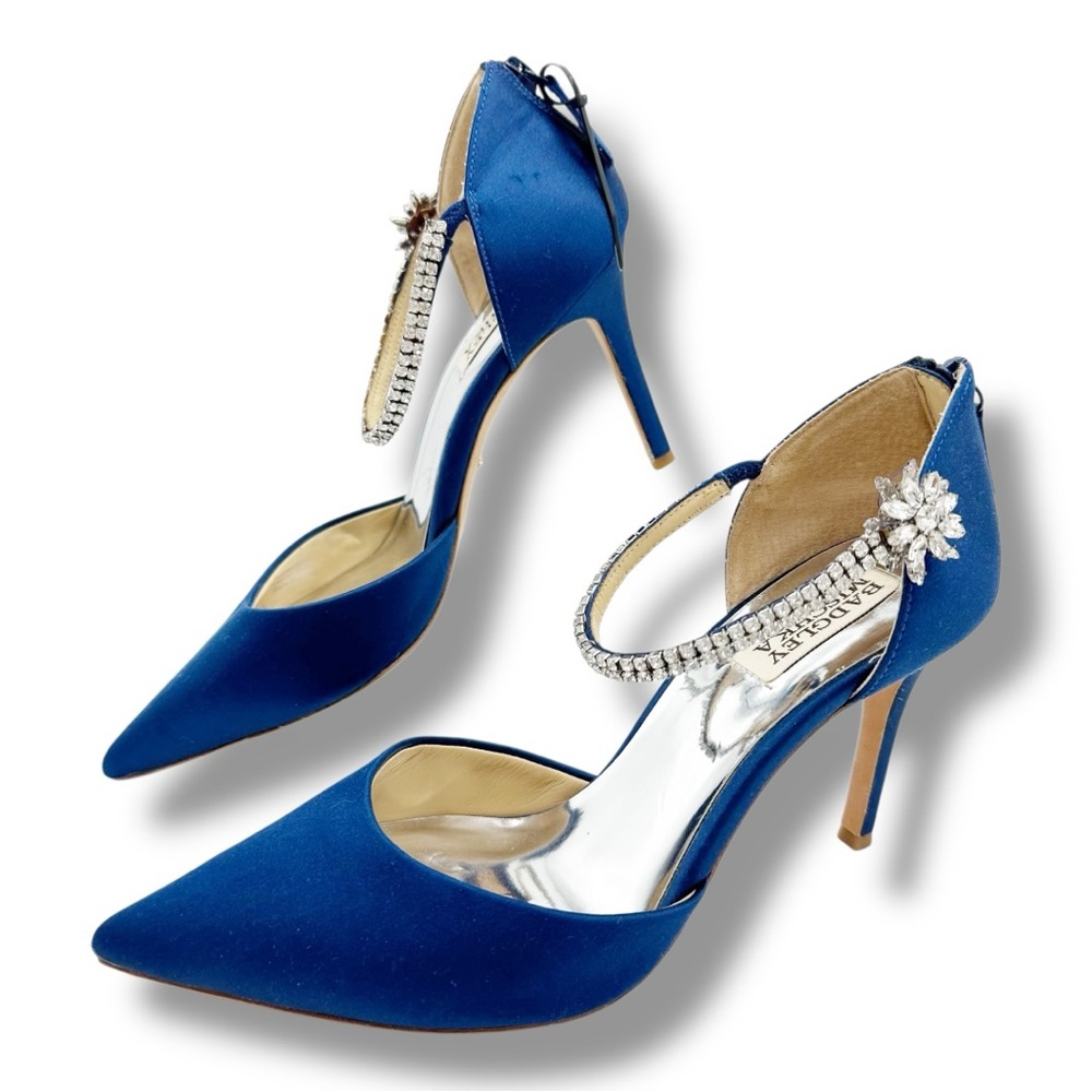 Badgley Mischka Valerie Blue Satin Jeweled Ankle-strap Pointed Toe Pumps Sz 7.5‎